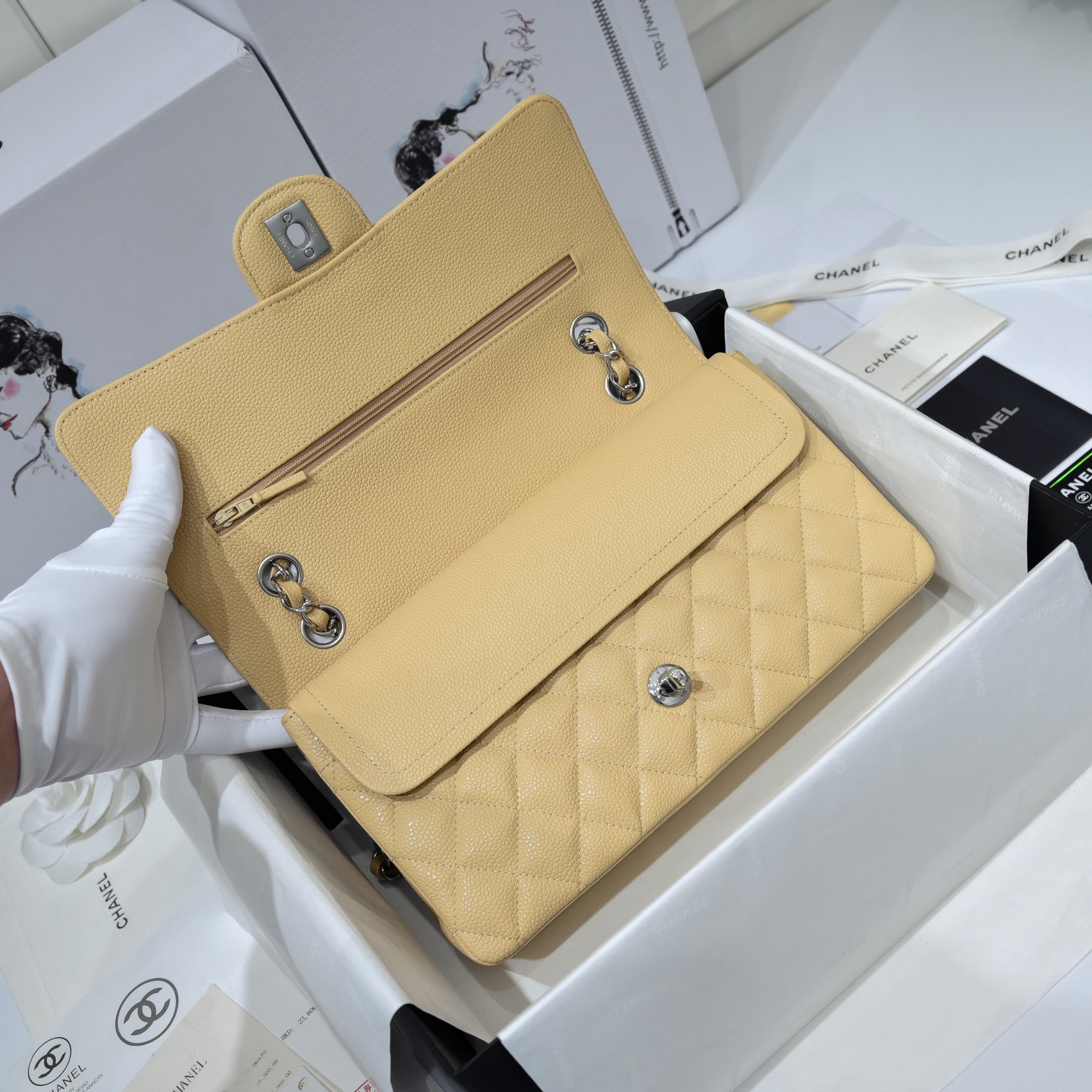 [TOP] CHANEL Classic Flab Bag Medium 15.5x25.5x6.5cm - Yellow&SHW