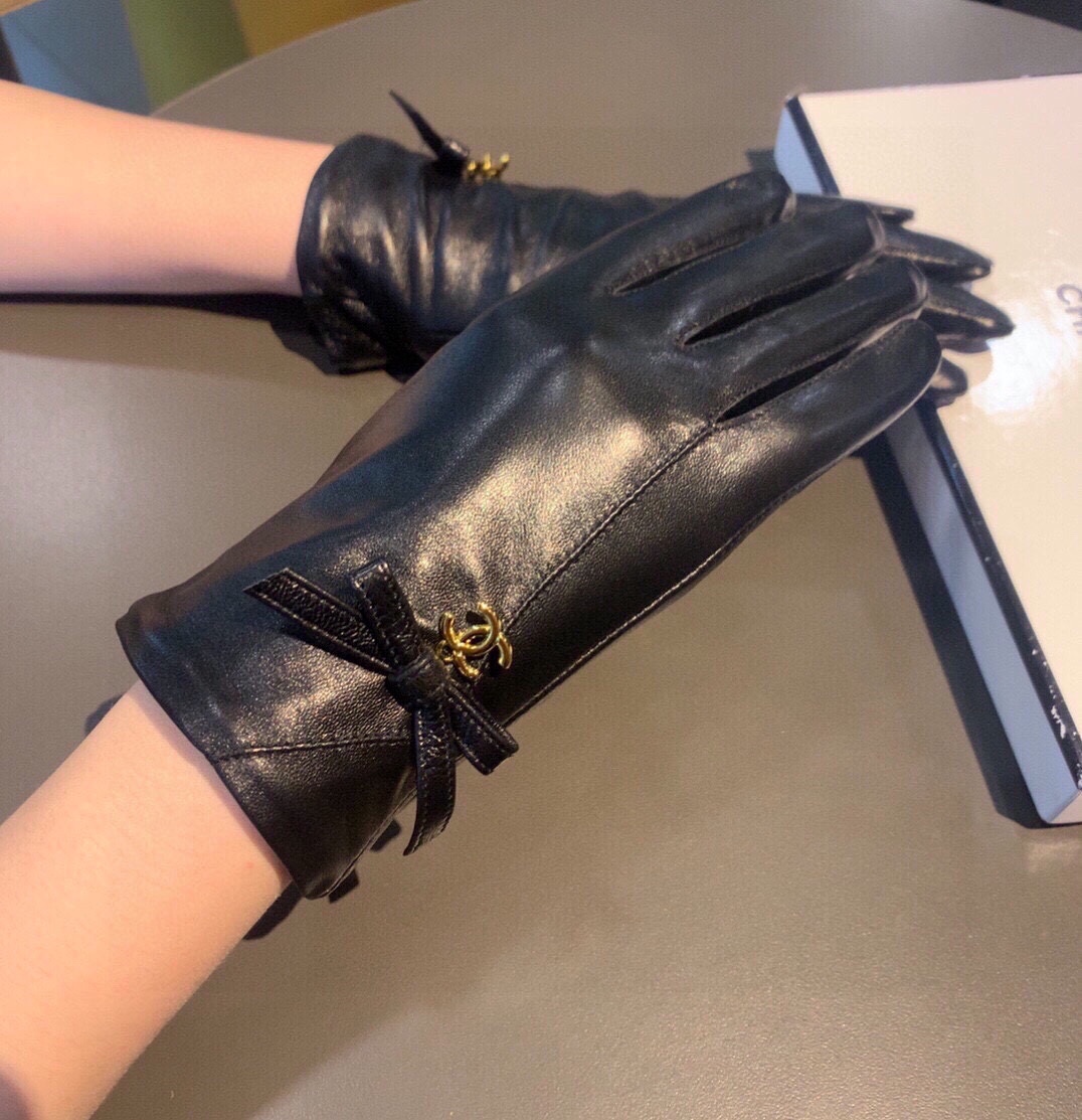 [TOP] CHANEL Sheepskin Gloves with Bow Tie - Black