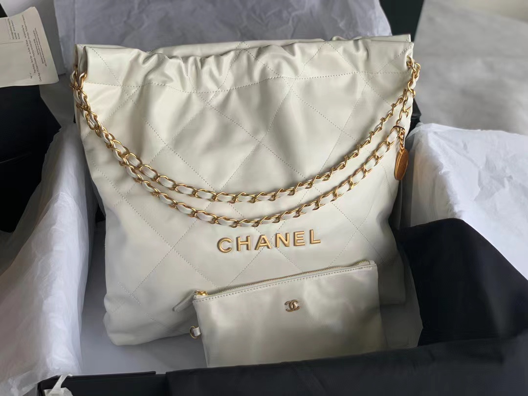 [TOP] CHANEL 22 Quilted Gold Chain Small Bag 35*30*8cm - White