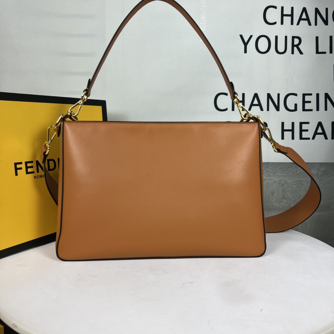 [TOP] FENDI Metal Cowhide Chain Bag 35x23x14cm - Brown&GHW