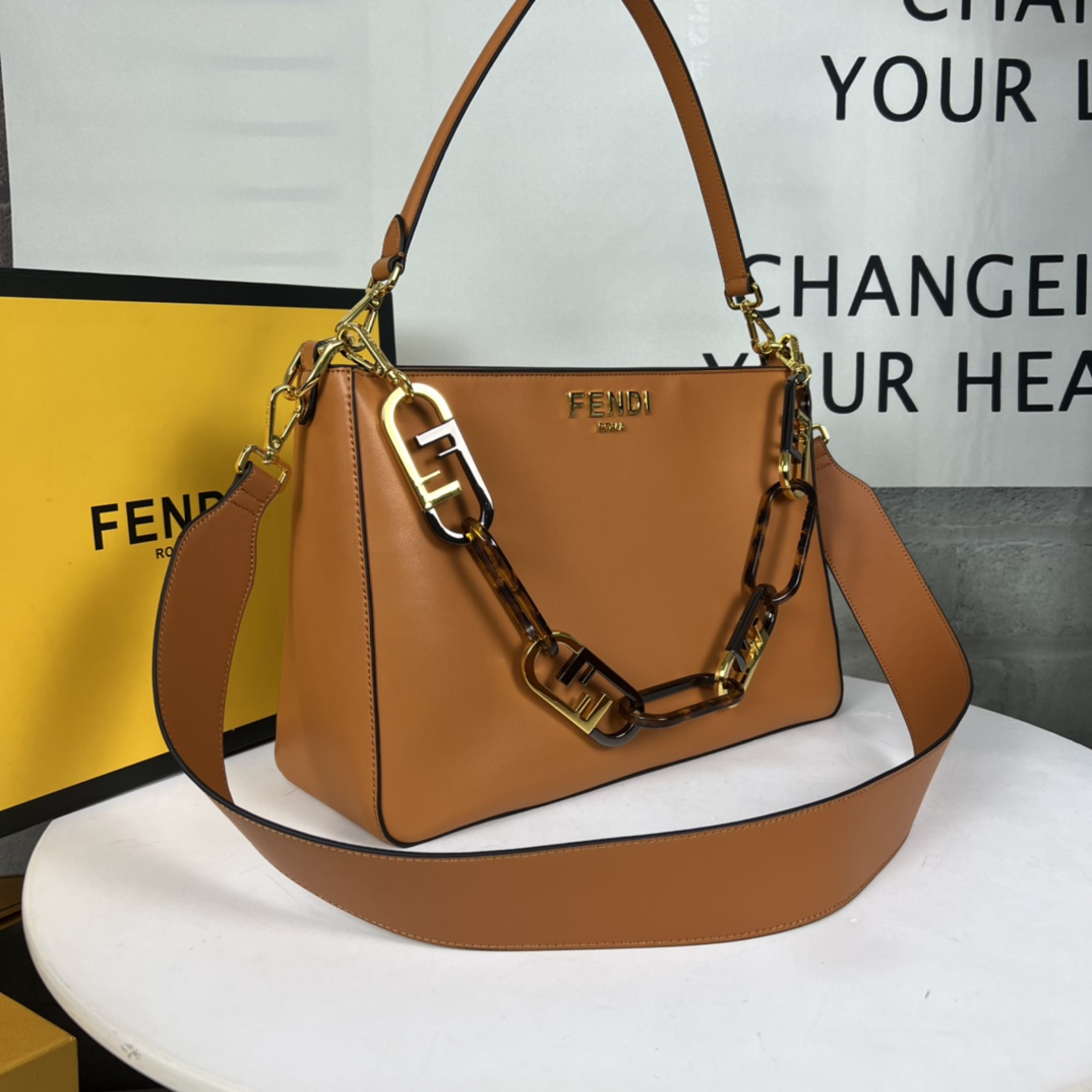 [TOP] FENDI Metal Cowhide Chain Bag 35x23x14cm - Brown&GHW