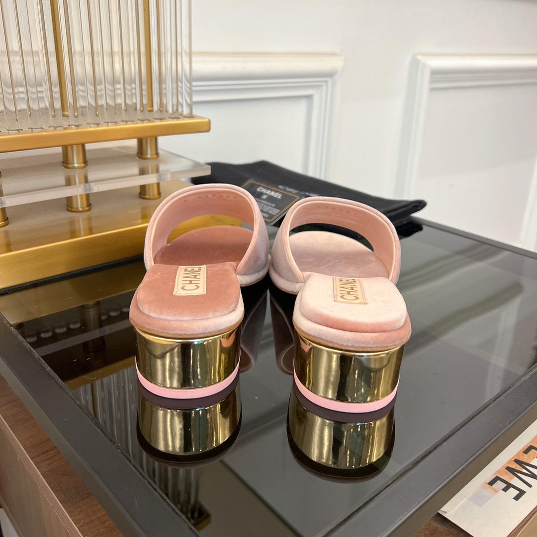 [TOP] CHANEL Velvet Thick Heeled Slippers - 2 Colour