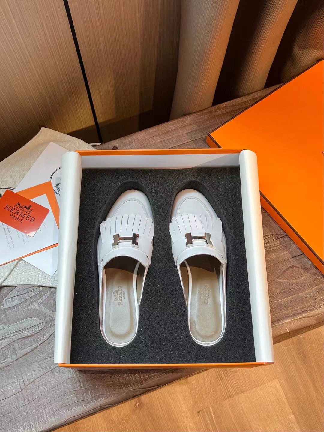 [TOP] HERMES Nappa Leather Mules - White