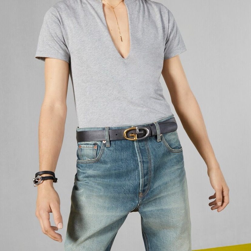 [TOP] GUCCI Tree Cream Leather Belt 3.5CM - Black