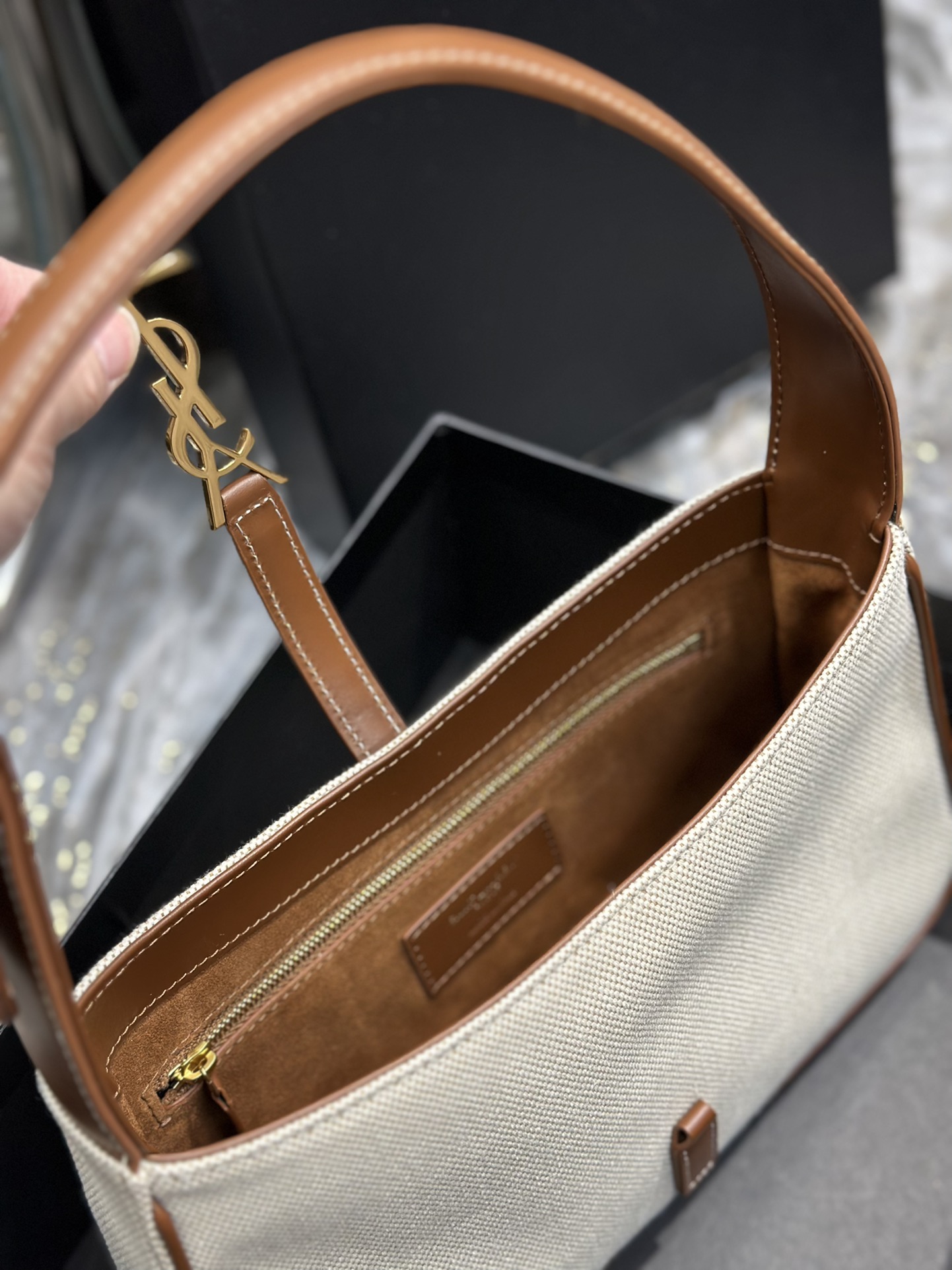 [TOP] Yves Saint Laurent YSL Le 5A7 Cotton And Hemp Bags 25X14X6cm - Brown/Black - GHW