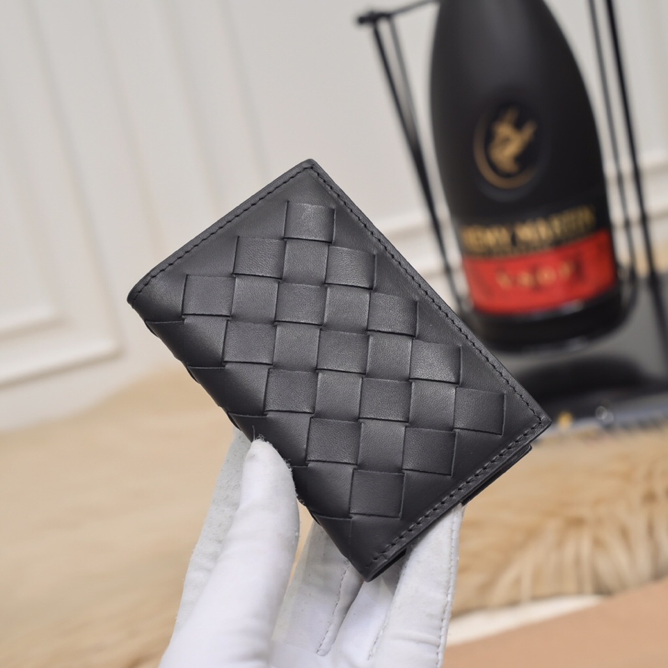 [TOP] Bottega Veneta BV Men's Handmade Woven Cowhide Wallet 7*11*1.5cm - Black