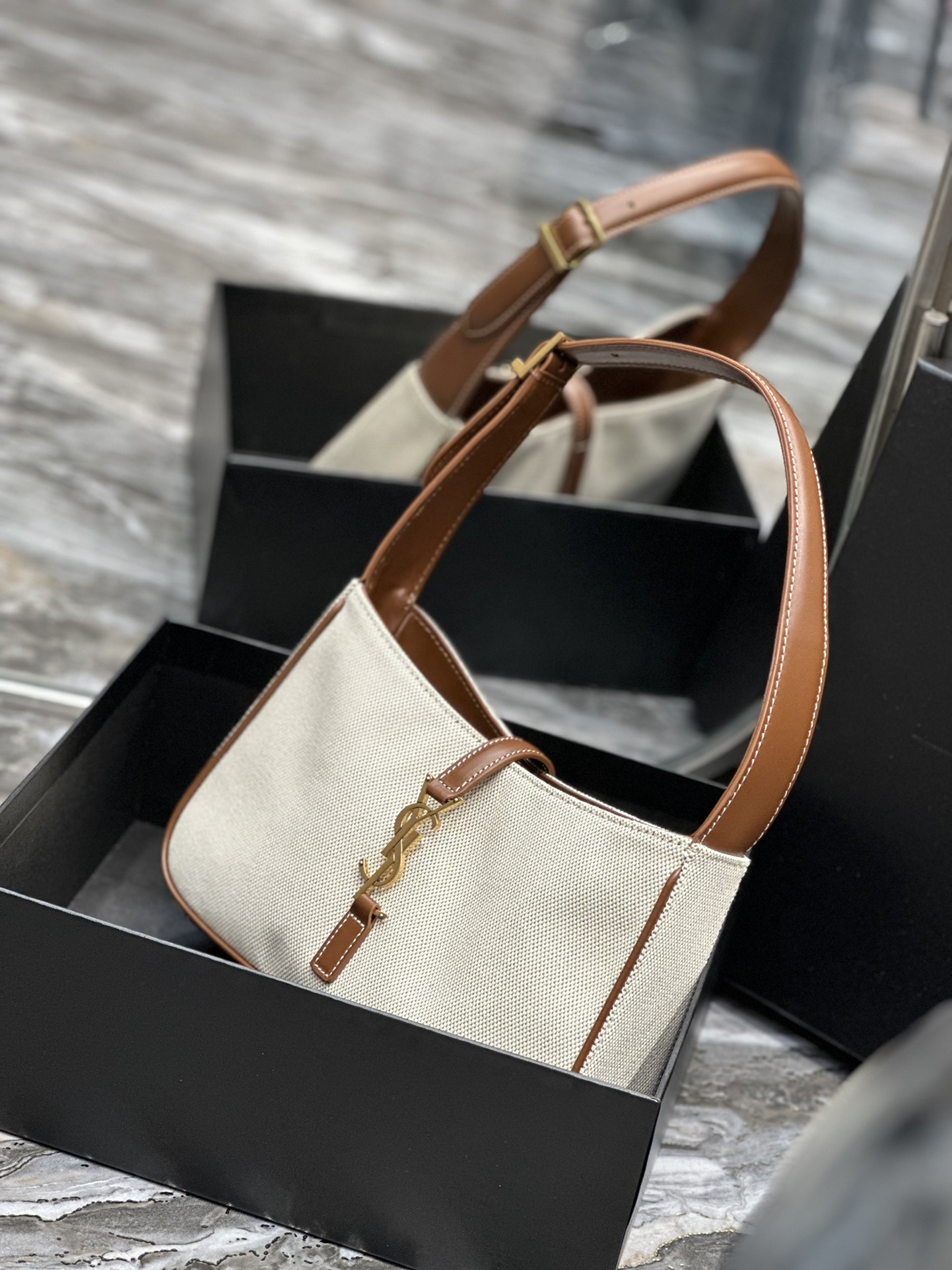 [TOP] Yves Saint Laurent YSL Le 5A7 Cotton And Hemp Bags 25X14X6cm - Brown/Black - GHW