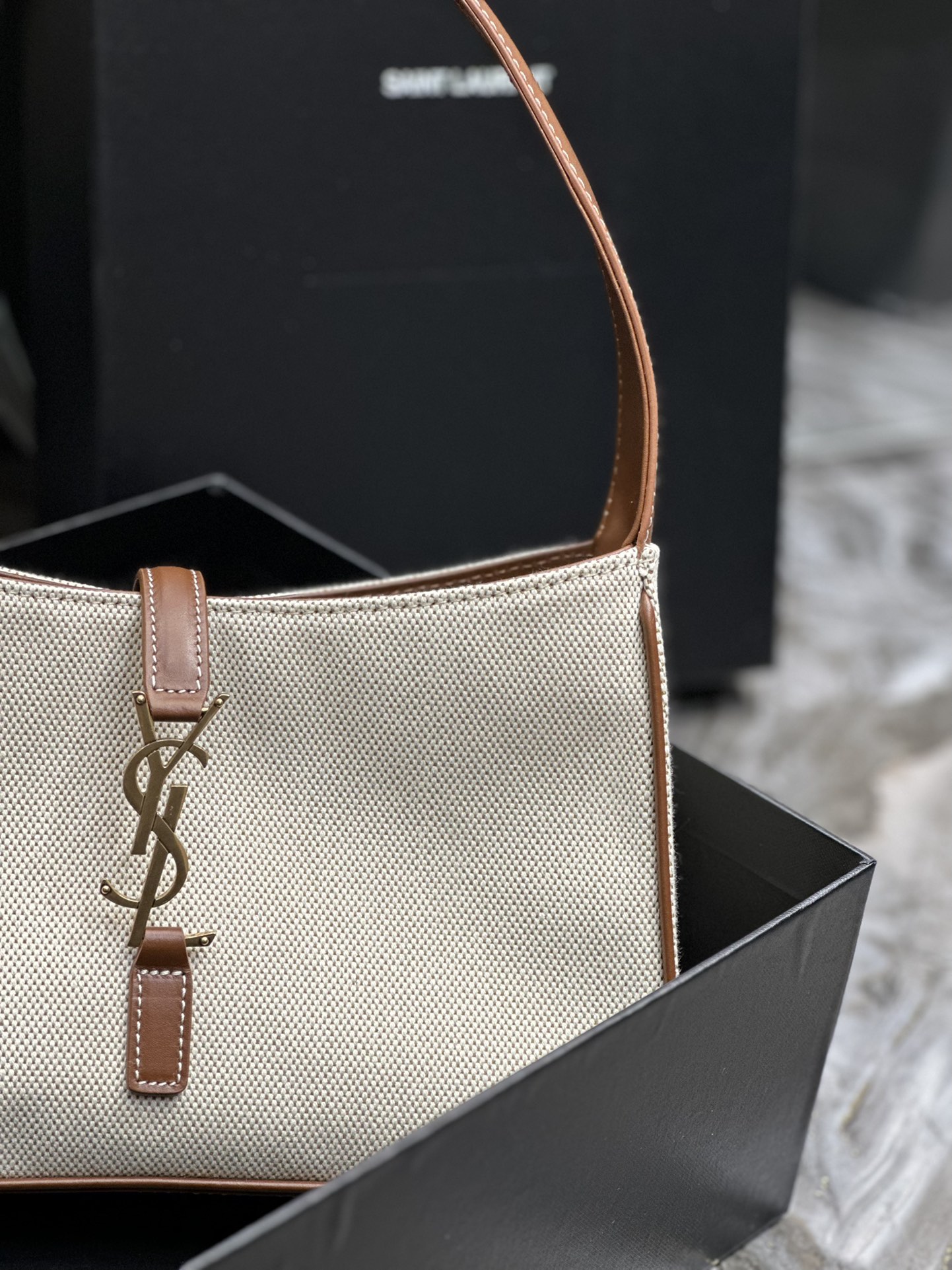 [TOP] Yves Saint Laurent YSL Le 5A7 Cotton And Hemp Bags 25X14X6cm - Brown/Black - GHW