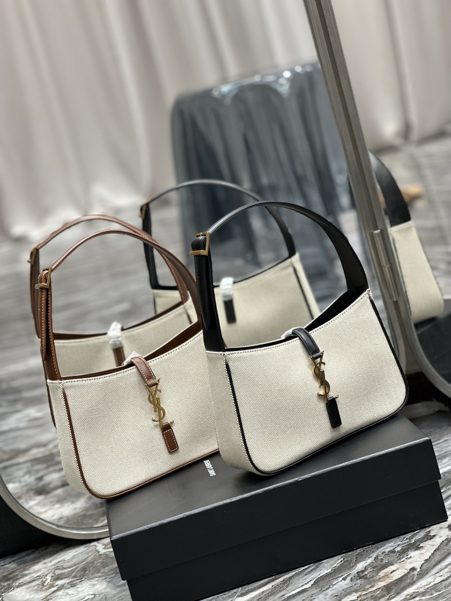 [TOP] Yves Saint Laurent YSL Le 5A7 Cotton And Hemp Bags 25X14X6cm - Brown/Black - GHW