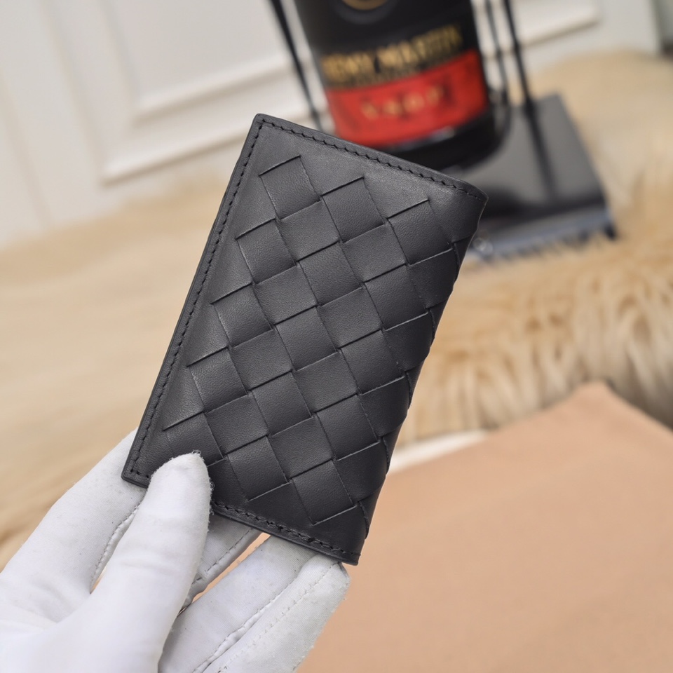 [TOP] Bottega Veneta BV Men's Handmade Woven Cowhide Wallet 7*11*1.5cm - Black
