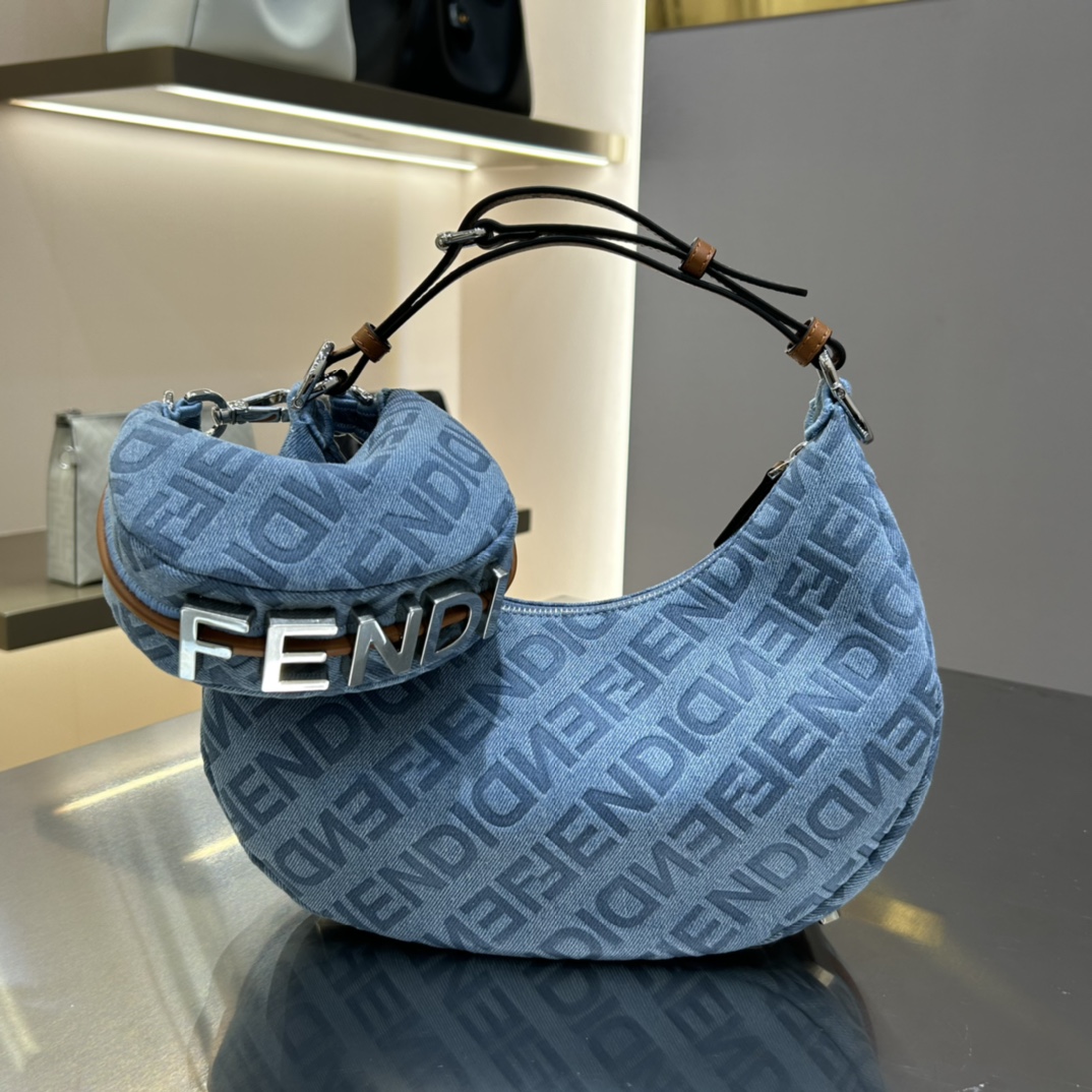 [TOP] FENDI Classic Metal Logo Fendigraphy Bags - 3 Sizes - Denim Blue&SHW