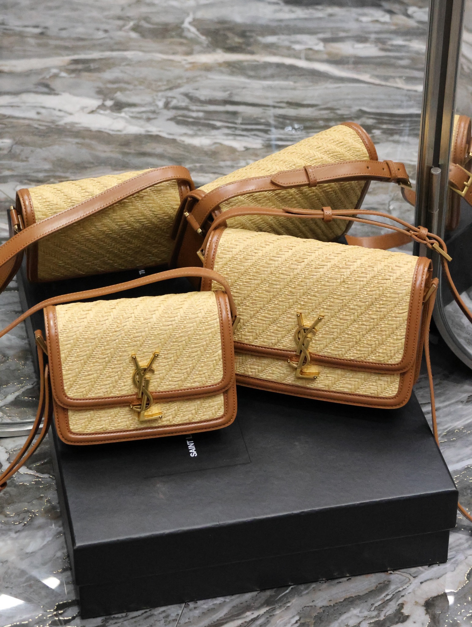 [TOP] Yves Saint Laurent YSL Cowhide with weaving Solferino Bags 19/23cm - Khaki&GHW