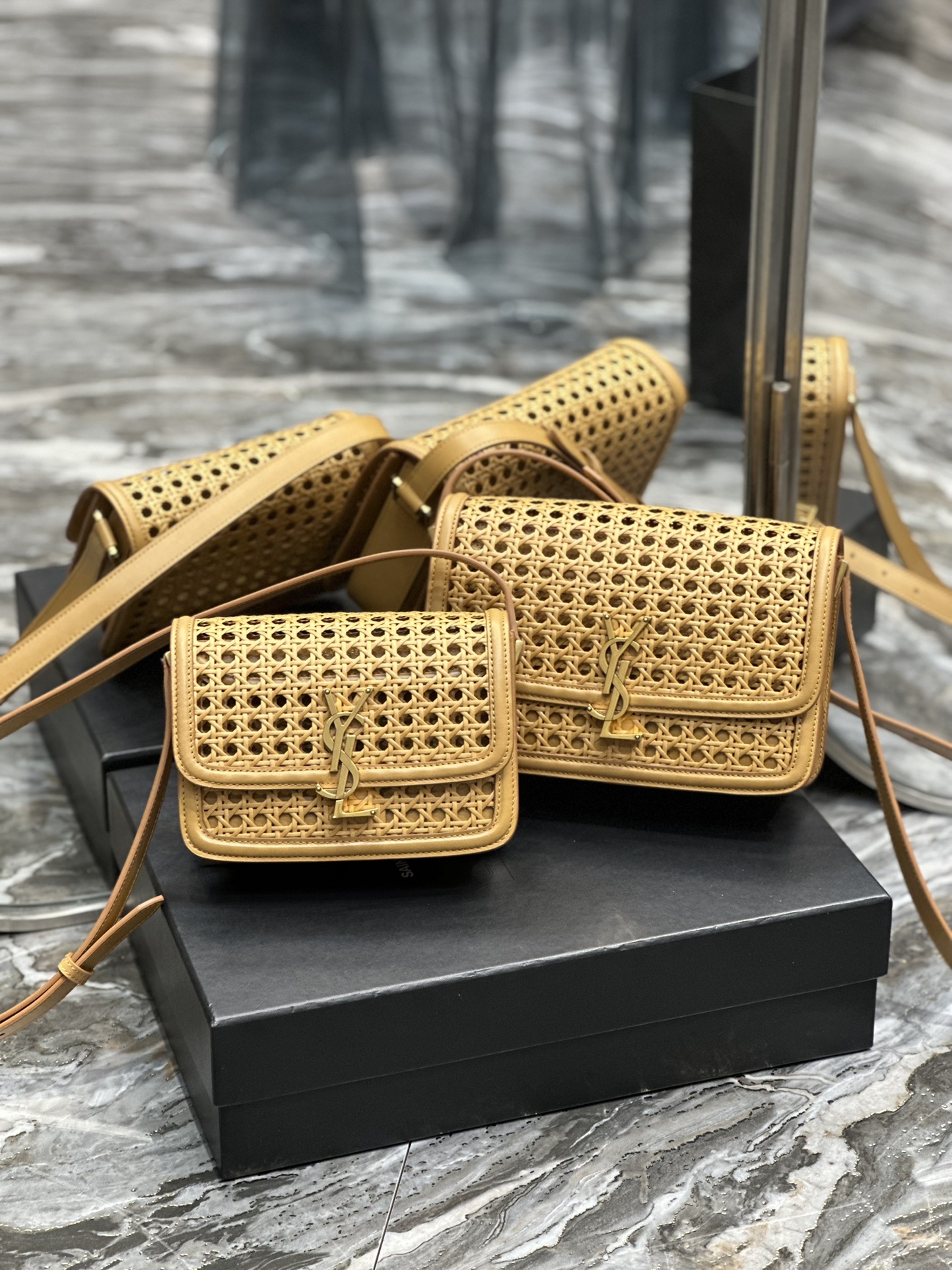 [TOP] Yves Saint Laurent YSL Bamboo And Woven Cowhide Solferino Bags - Apricot&GHW