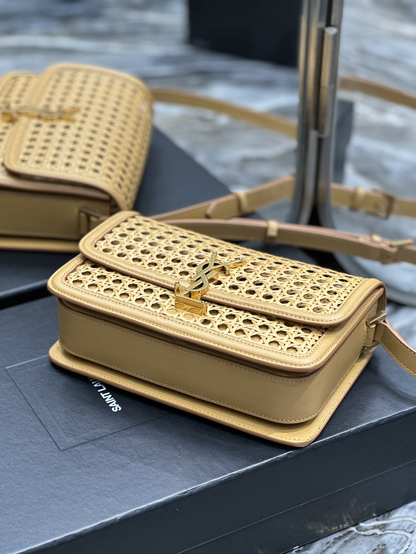 [TOP] Yves Saint Laurent YSL Bamboo And Woven Cowhide Solferino Bags - Apricot&GHW