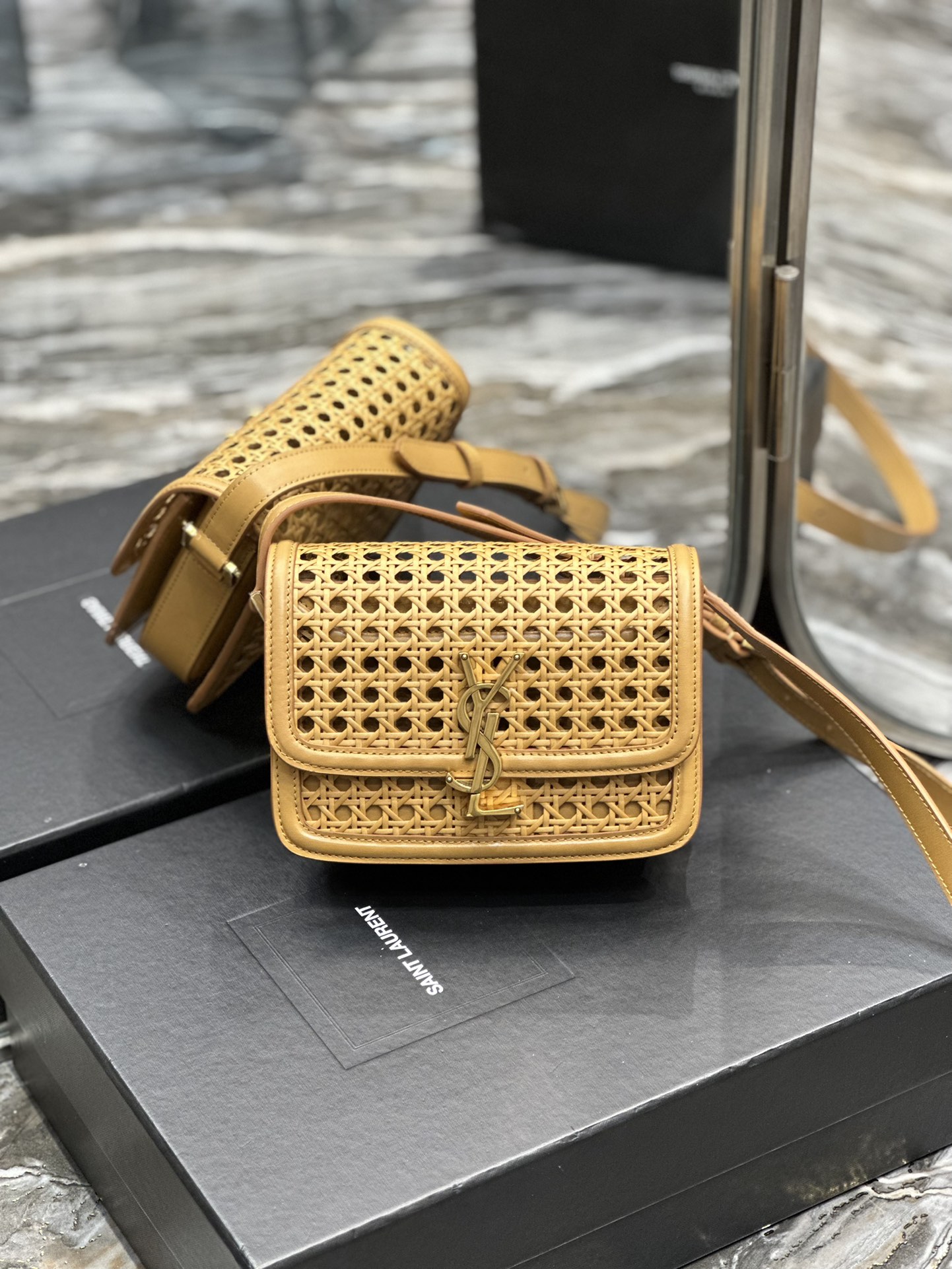 [TOP] Yves Saint Laurent YSL Bamboo And Woven Cowhide Solferino Bags - Apricot&GHW