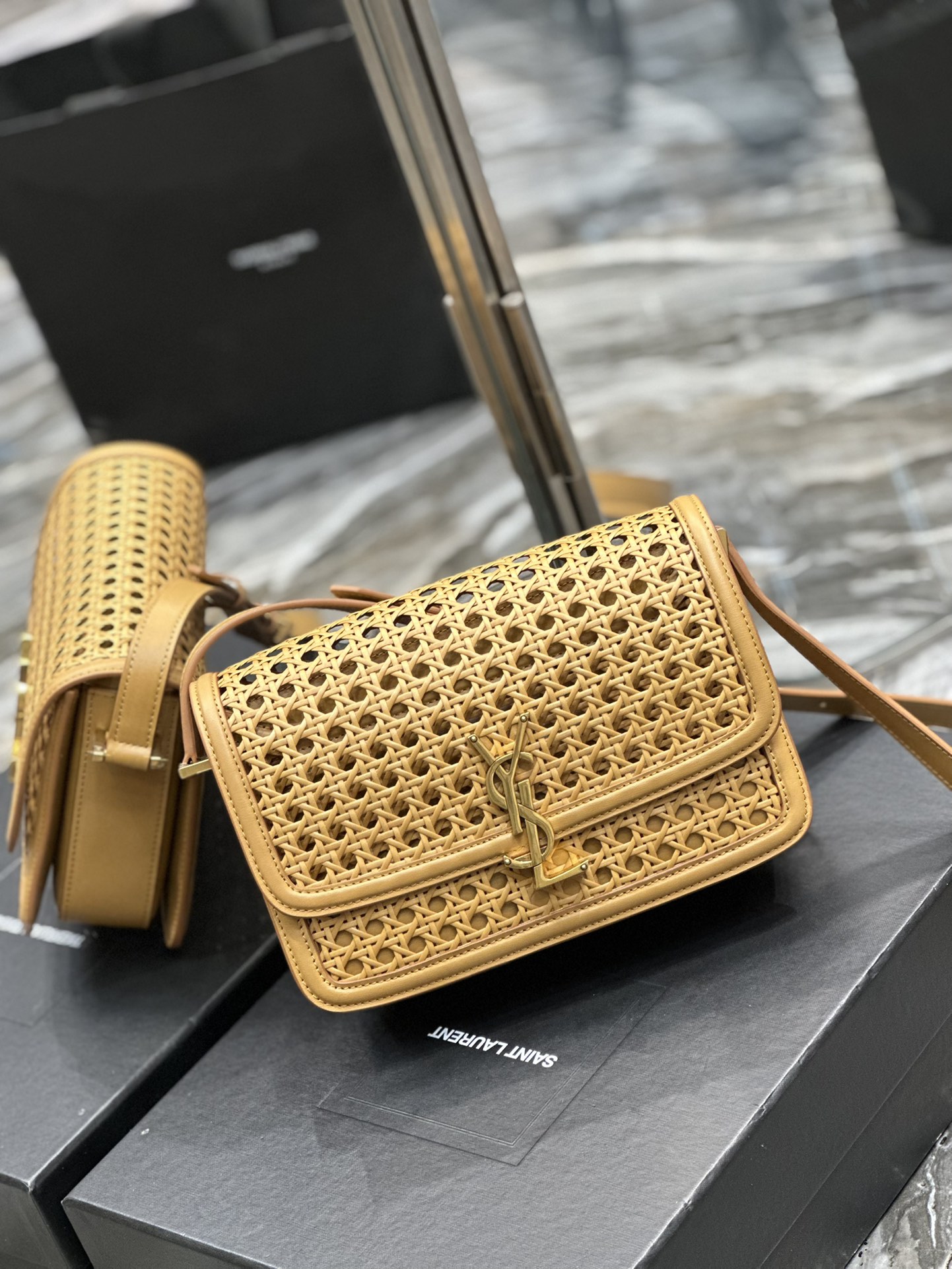 [TOP] Yves Saint Laurent YSL Bamboo And Woven Cowhide Solferino Bags - Apricot&GHW