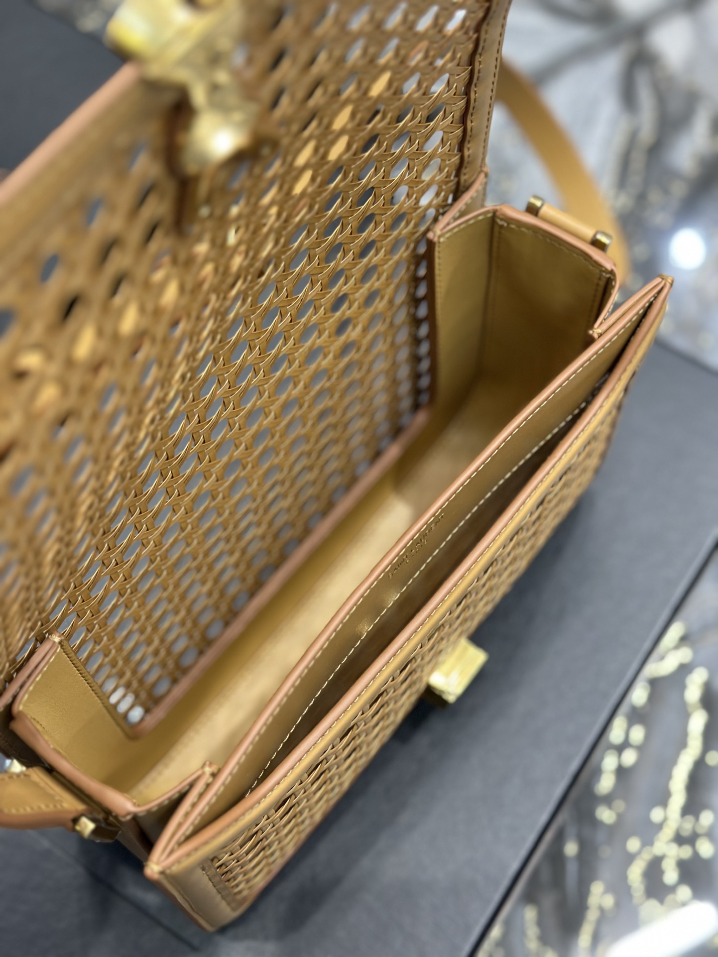 [TOP] Yves Saint Laurent YSL Bamboo And Woven Cowhide Solferino Bags - Apricot&GHW