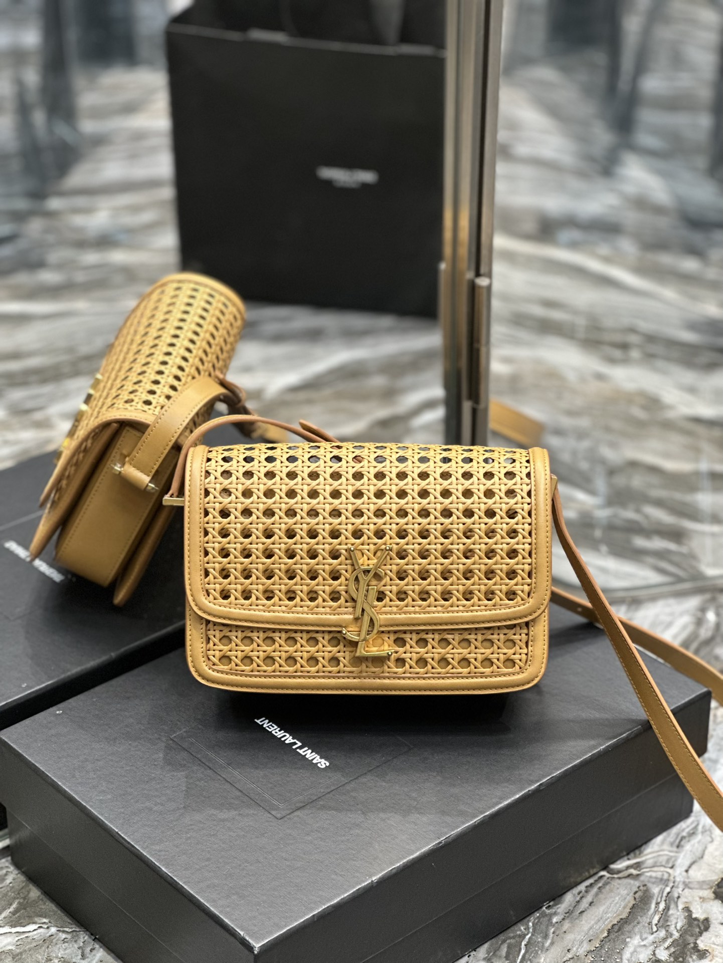 [TOP] Yves Saint Laurent YSL Bamboo And Woven Cowhide Solferino Bags - Apricot&GHW