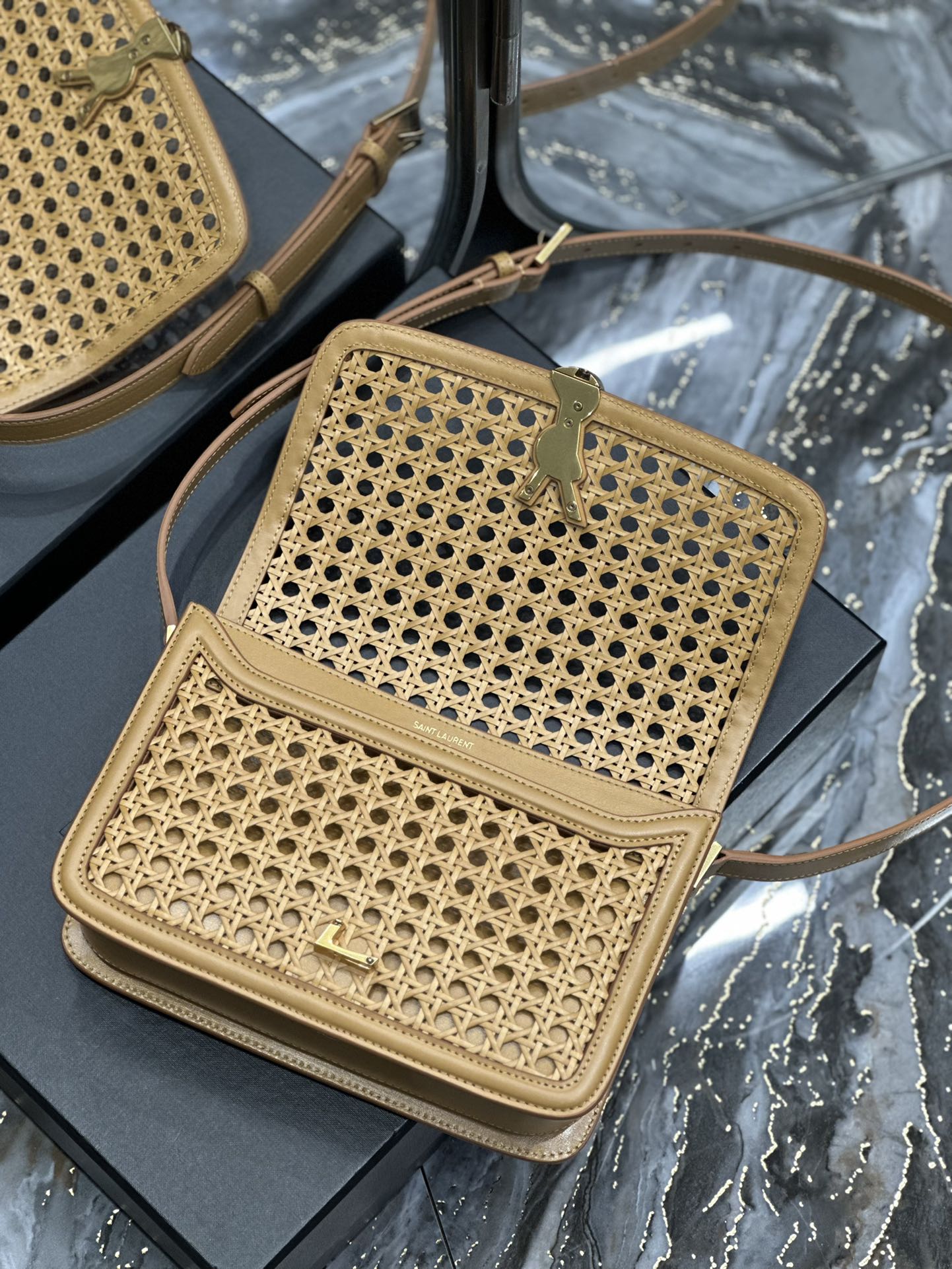 [TOP] Yves Saint Laurent YSL Bamboo And Woven Cowhide Solferino Bags - Apricot&GHW