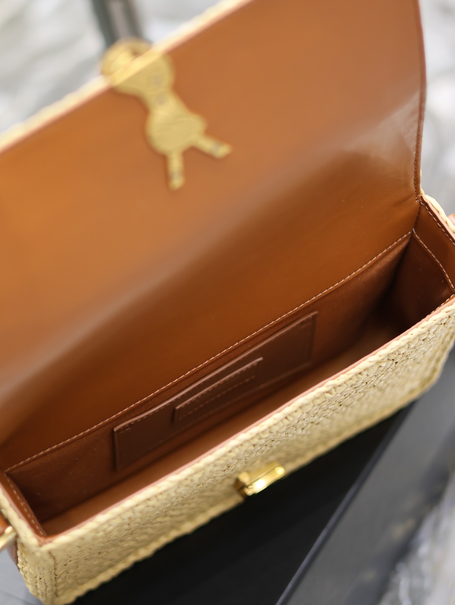 [TOP] Yves Saint Laurent YSL Cowhide and Lafite Weaving Solferino Bags 23×16×6cm - Beige