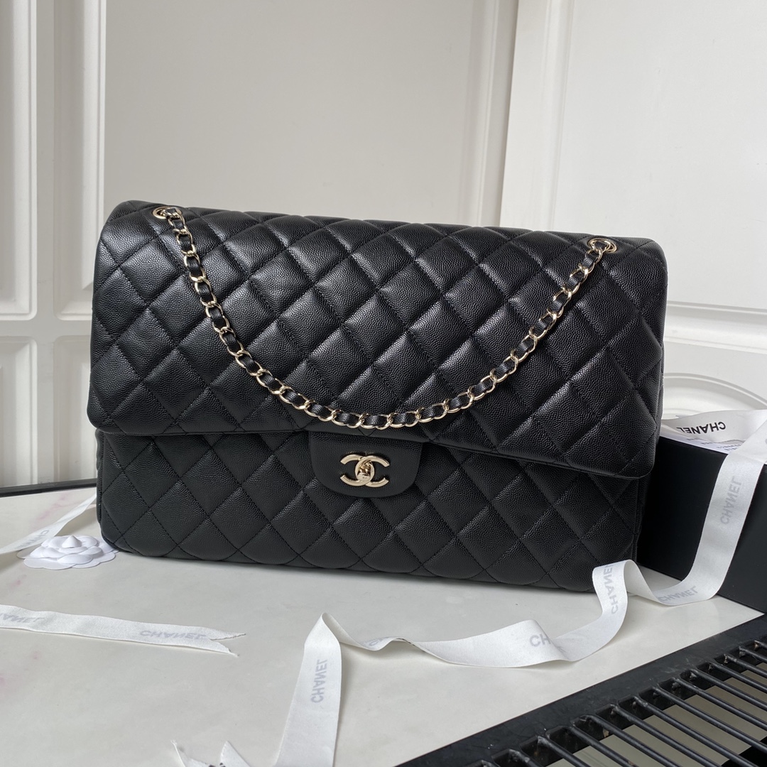 [TOP] CHANEL Oversized Calfskin Flab Bag 27×38×12cm - Black&GHW