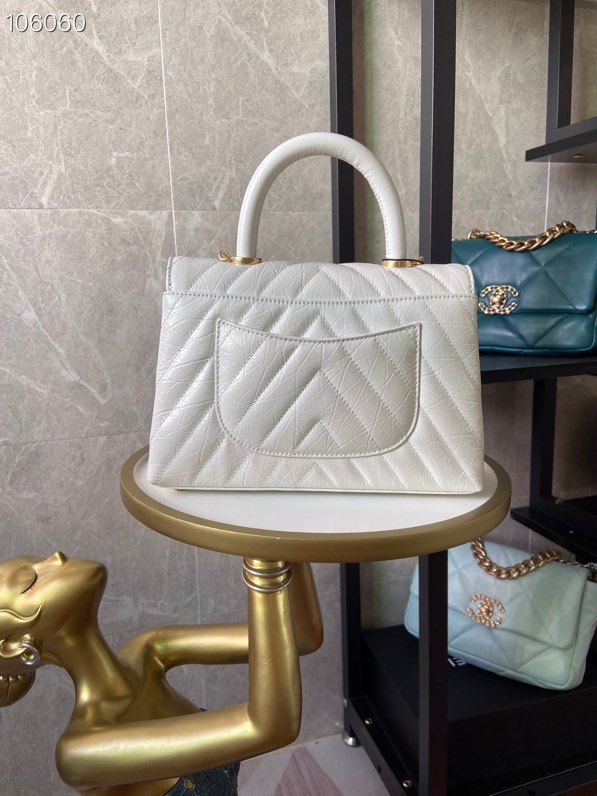 [TOP] CHANEL V-Grid Oil Wax Leather Matching And Oil Wax Leather Handle CoCo Handle Bags 14x24x10cm - Red/White&GHW