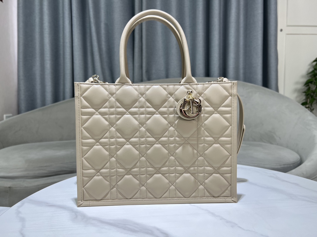 [TOP] Christian Dior Calfskin Leather Book Tote Bags 36.5x28x17.5cm - Apricot