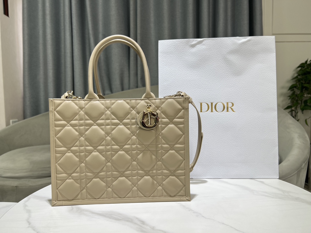 [TOP] Christian Dior Calfskin Leather Book Tote Bags 36.5x28x17.5cm - Apricot