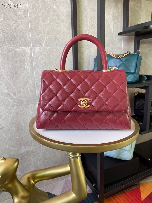 [TOP] CHANEL Oil Wax Leather With Oil Wax Leather Handle CoCo Handle Bags 14x24x10cm - Red/Blue&GHW