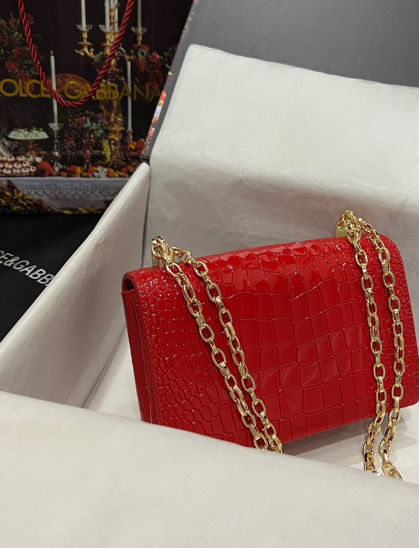 [TOP] Dolce & Gabbana D&G Crocodile-print Calfskin DG Girls Bag 21*4*15cm - Red