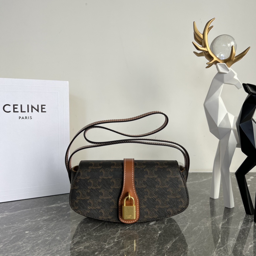 [TOP] CELINE Calfskin Crossbody Bag 18X8X5cm - Brown&GHW