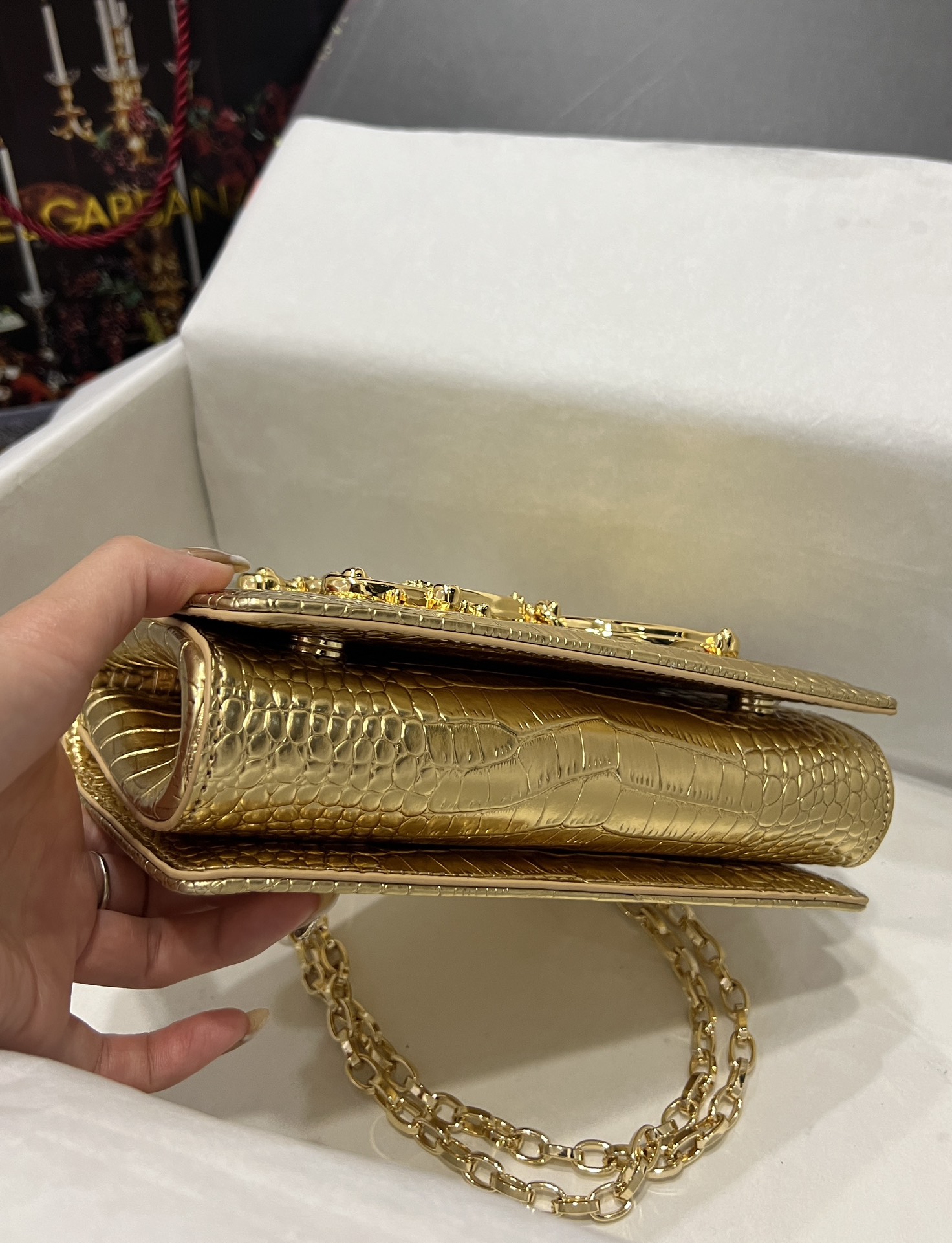 [TOP] Dolce & Gabbana D&G Crocodile-print Calfskin DG Girls Bag 21*4*15cm - Gold