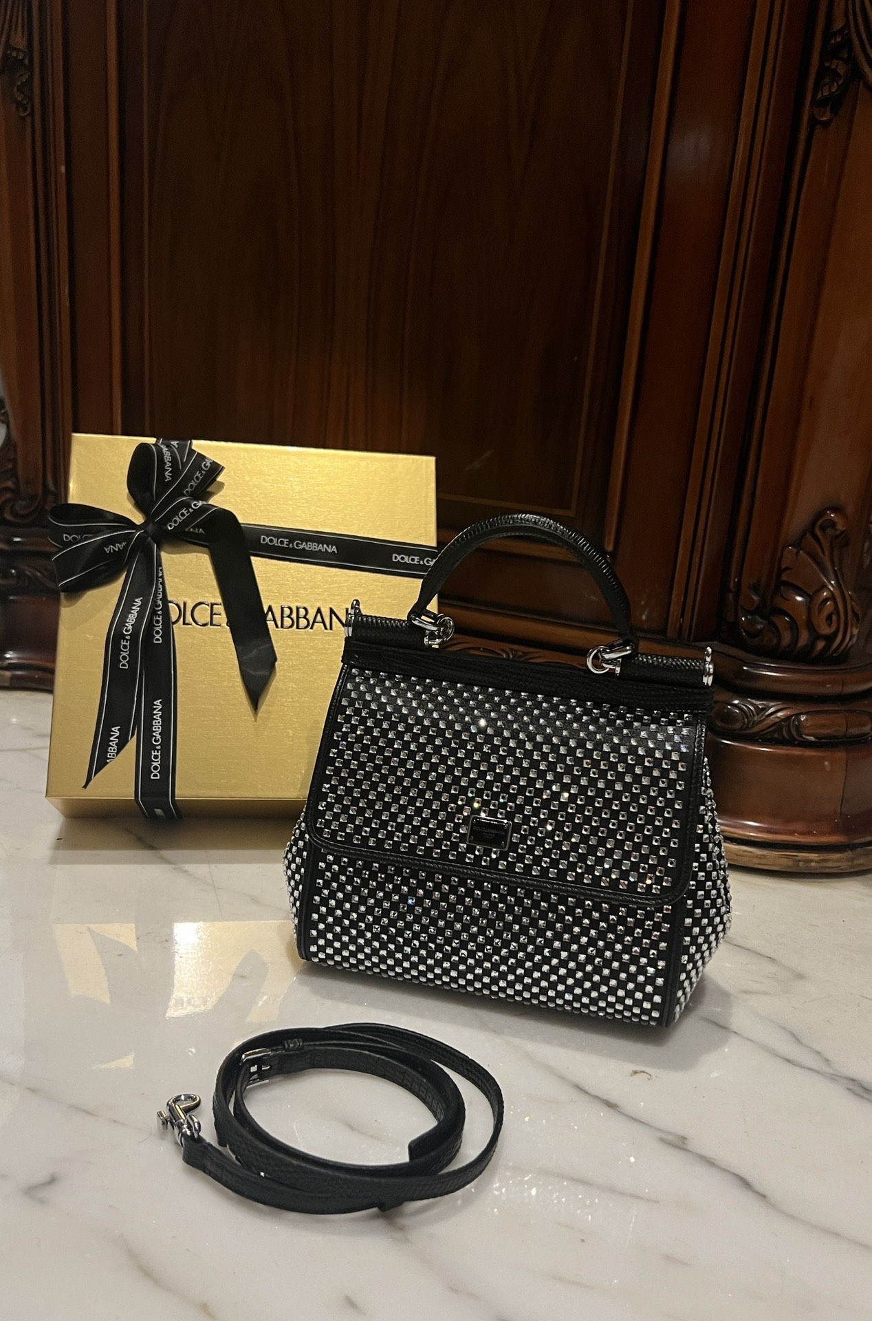 [TOP] Dolce & Gabbana D&G Sicily Bag with Rhinestones 18x11x6cm/20x16x8cm - Black