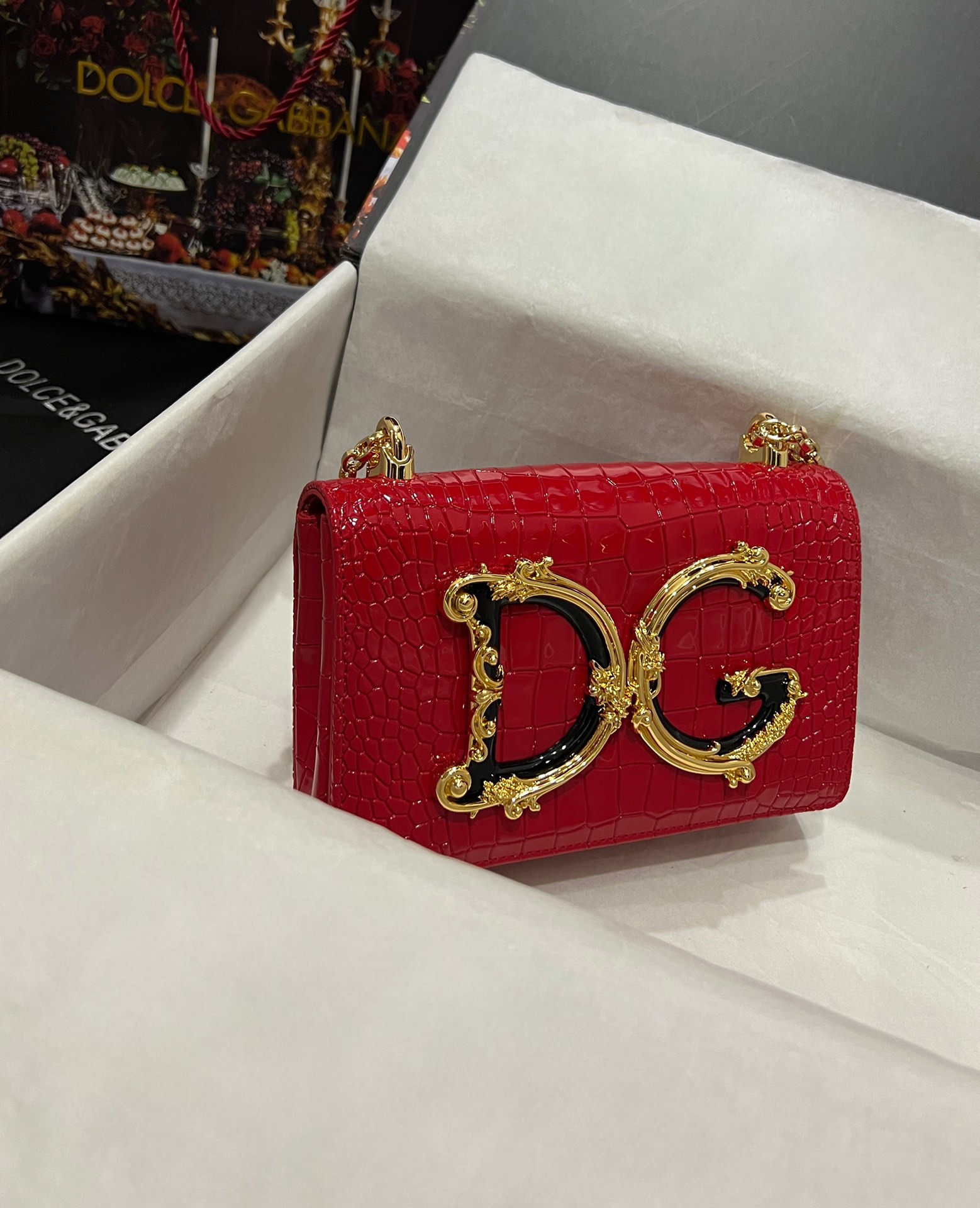 [TOP] Dolce & Gabbana D&G Crocodile-print Calfskin DG Girls Bag 21*4*15cm - Red