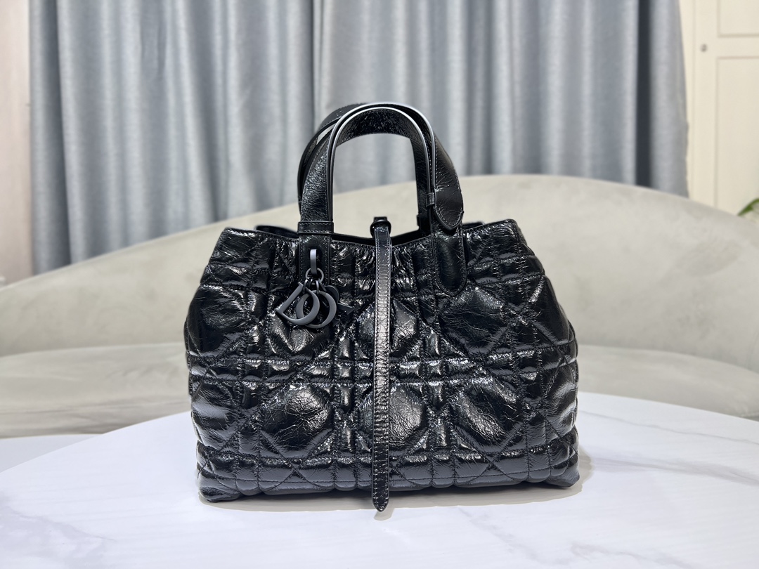 [TOP] Christian Dior Medium Wrinkled Patent Leather Toujours Handbag 28.5x19x21.5cm - Black - CD Lock Letter D Knob