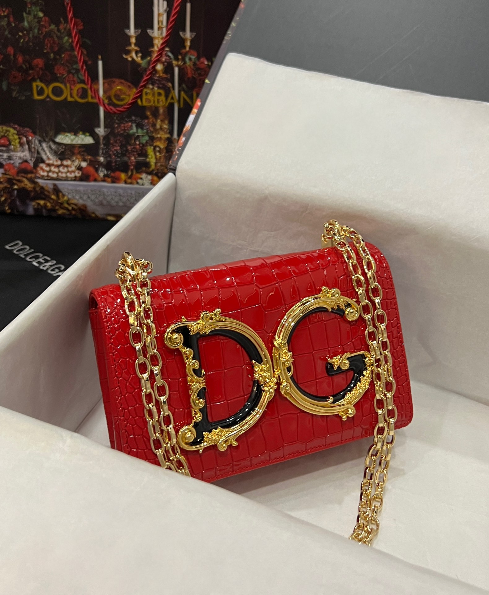 [TOP] Dolce & Gabbana D&G Crocodile-print Calfskin DG Girls Bag 21*4*15cm - Red
