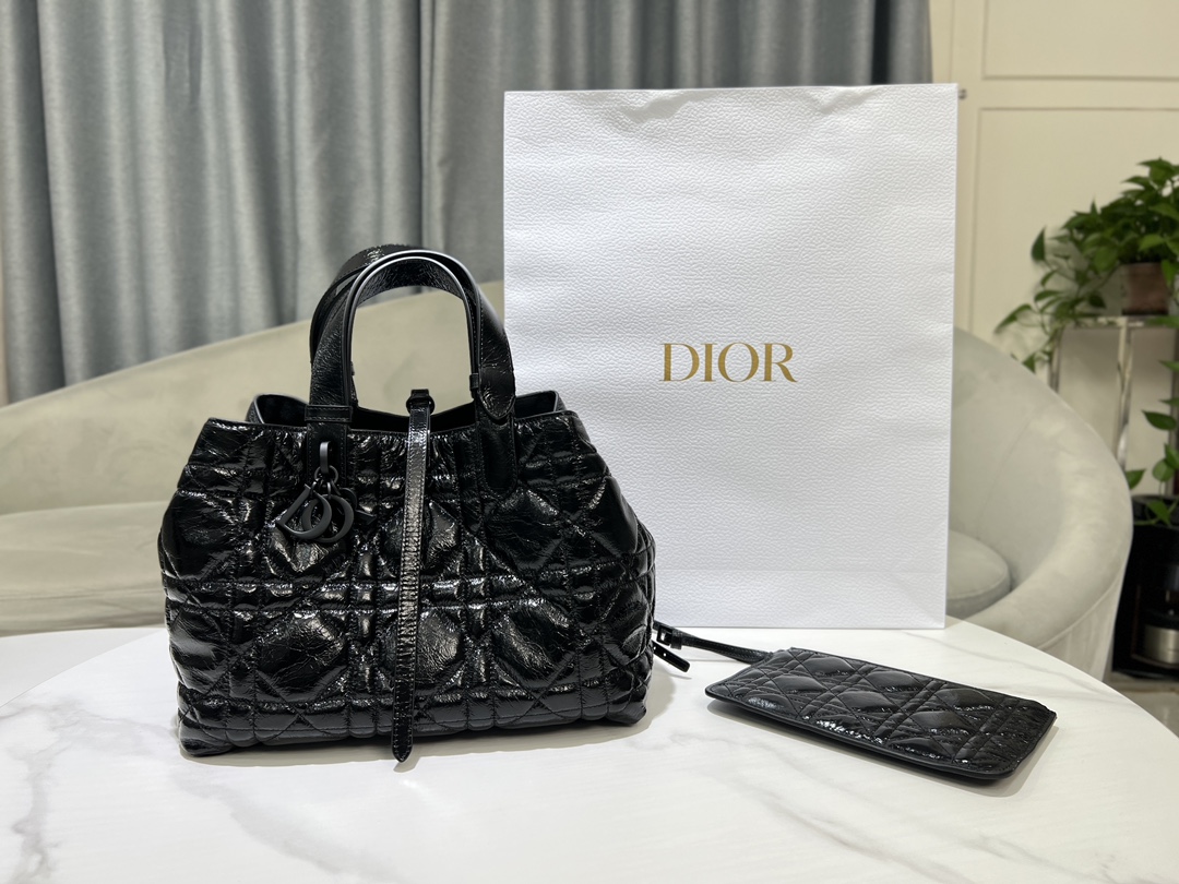 [TOP] Christian Dior Medium Wrinkled Patent Leather Toujours Handbag 28.5x19x21.5cm - Black - CD Lock Letter D Knob