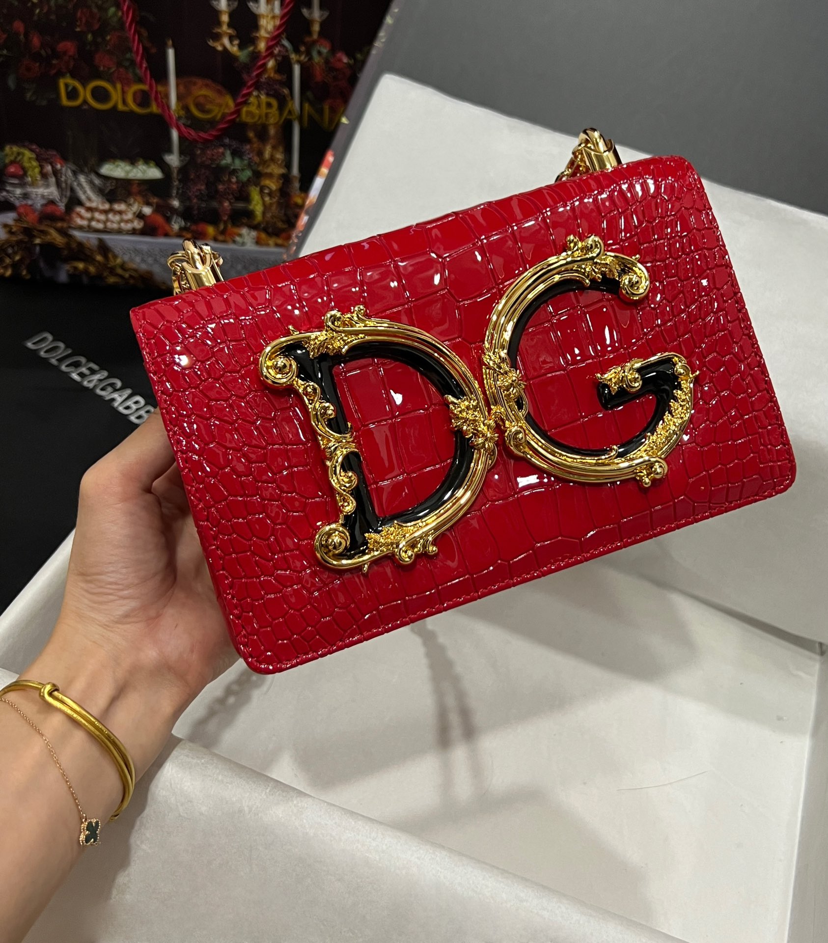 [TOP] Dolce & Gabbana D&G Crocodile-print Calfskin DG Girls Bag 21*4*15cm - Red