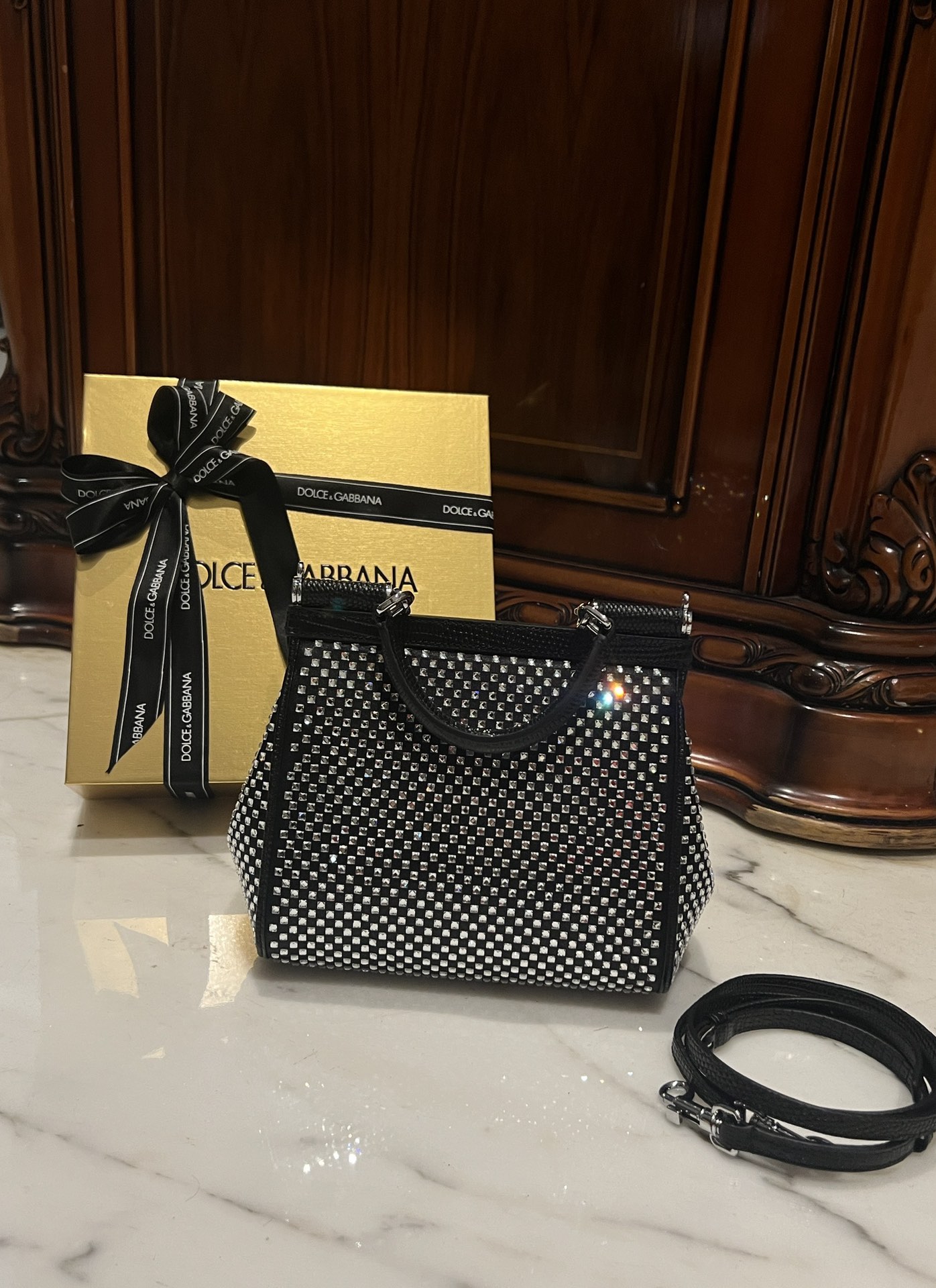 [TOP] Dolce & Gabbana D&G Sicily Bag with Rhinestones 18x11x6cm/20x16x8cm - Black