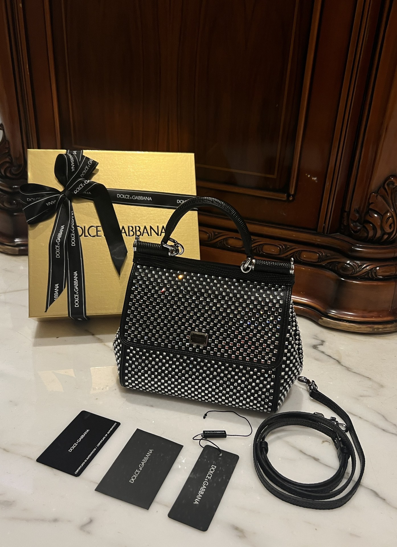 [TOP] Dolce & Gabbana D&G Sicily Bag with Rhinestones 18x11x6cm/20x16x8cm - Black