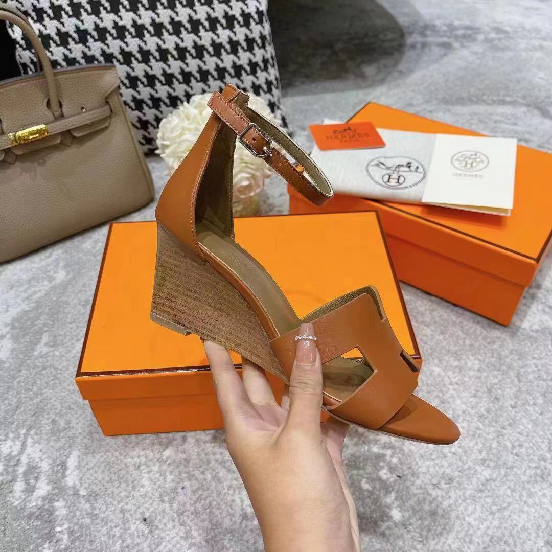 [TOP] HERMES Wedges Sandals Smooth Leather - Brown