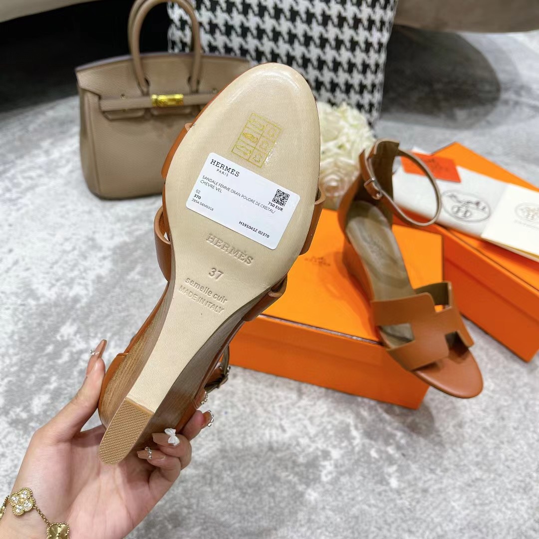 [TOP] HERMES Wedges Sandals Smooth Leather - Brown