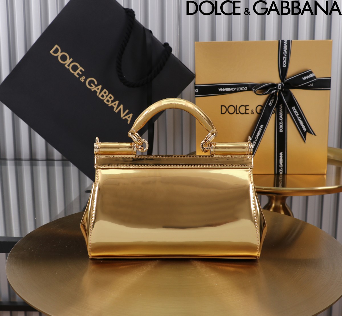 [TOP] Dolce & Gabbana D&G Polished Calfskin Sicily Bag Small 19x13x6/20x16x8cm - Gold / Silver