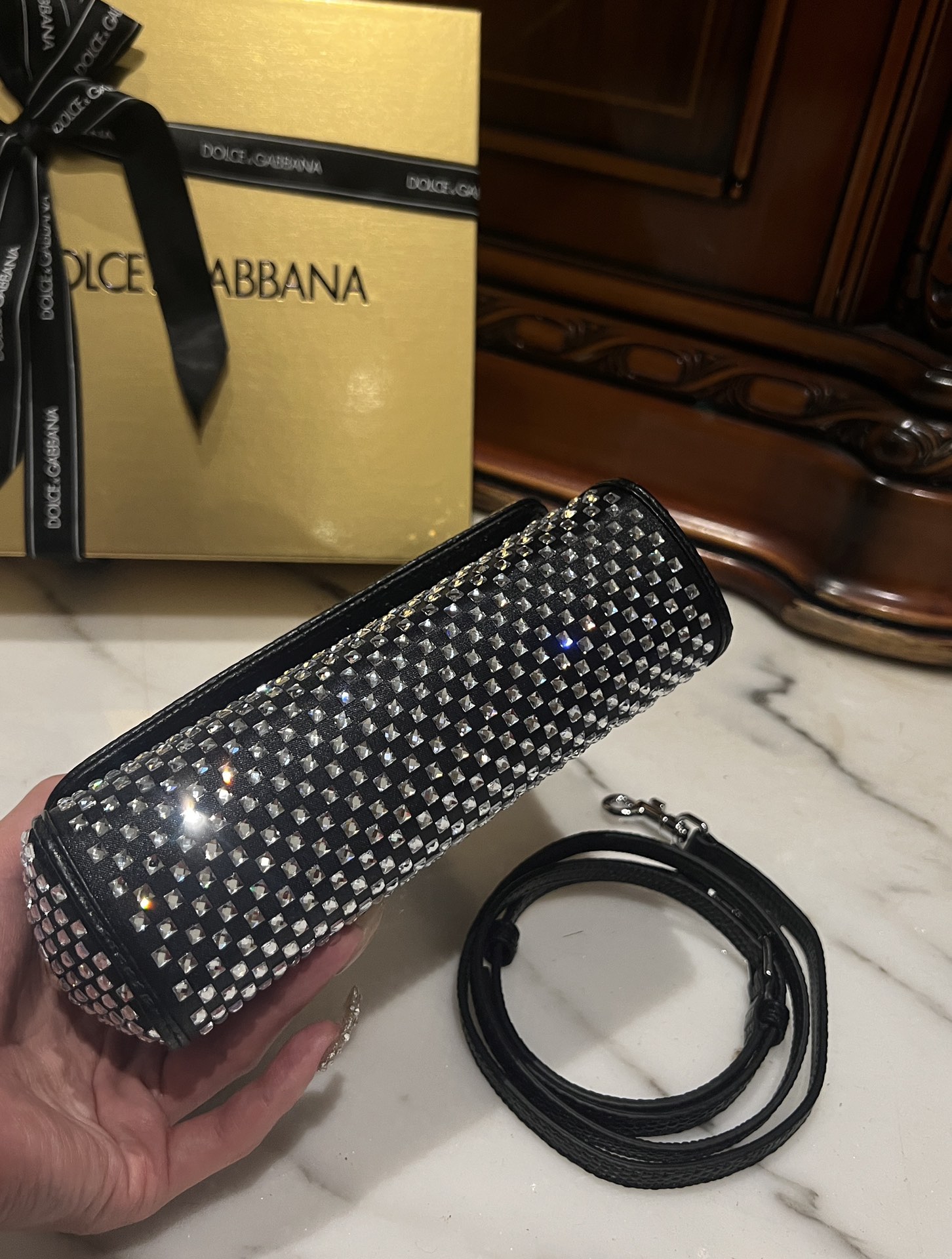 [TOP] Dolce & Gabbana D&G Sicily Bag with Rhinestones 18x11x6cm/20x16x8cm - Black