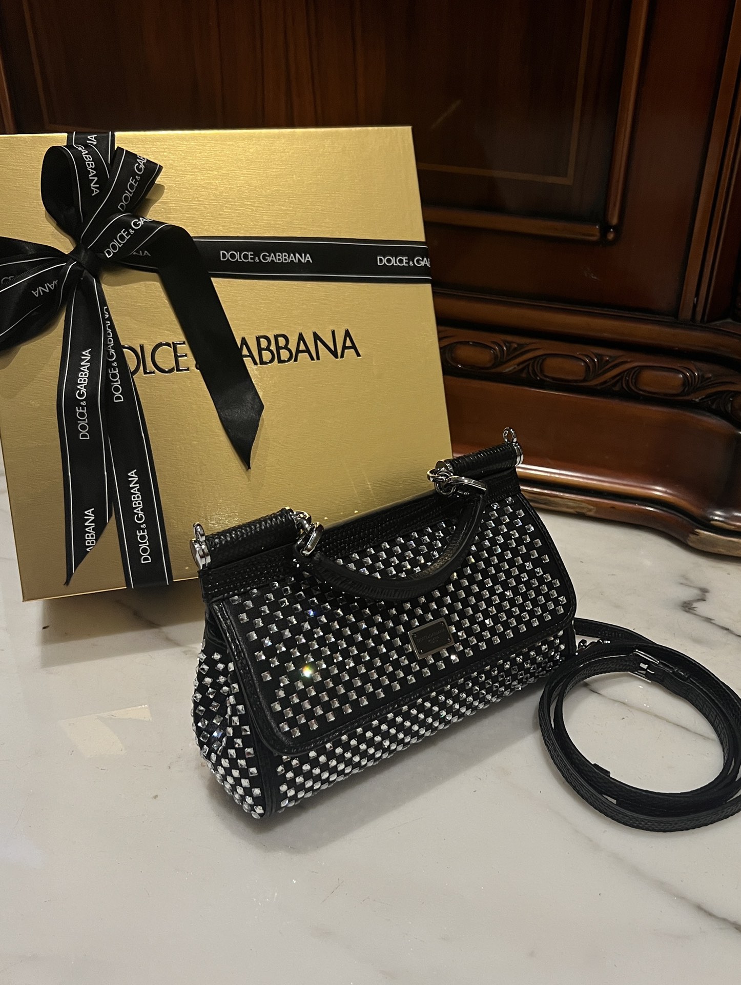 [TOP] Dolce & Gabbana D&G Sicily Bag with Rhinestones 18x11x6cm/20x16x8cm - Black