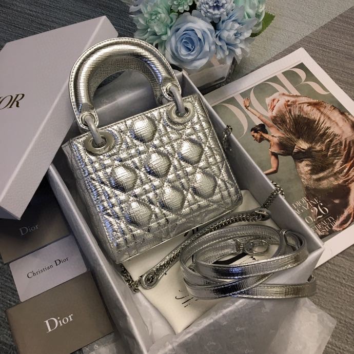 [TOP] Christian Dior Lambskin Three Grid Lady Dior Bags 17cm - Silvery&SHW