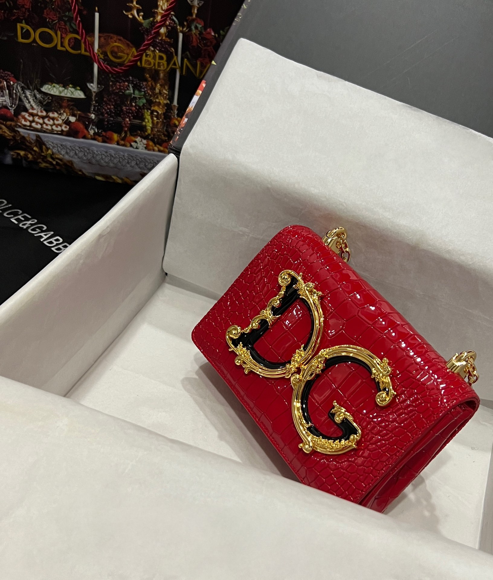 [TOP] Dolce & Gabbana D&G Crocodile-print Calfskin DG Girls Bag 21*4*15cm - Red