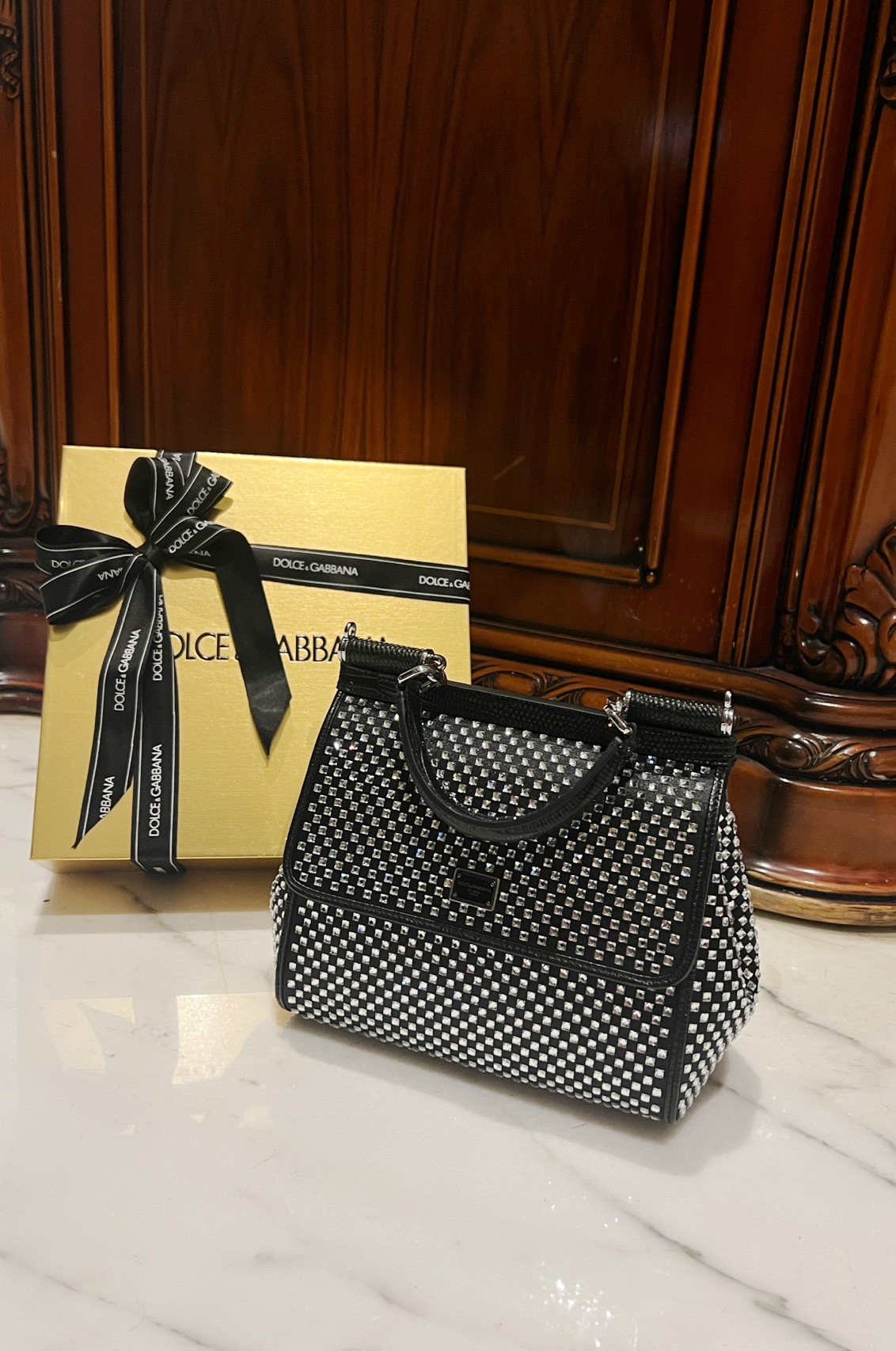 [TOP] Dolce & Gabbana D&G Sicily Bag with Rhinestones 18x11x6cm/20x16x8cm - Black