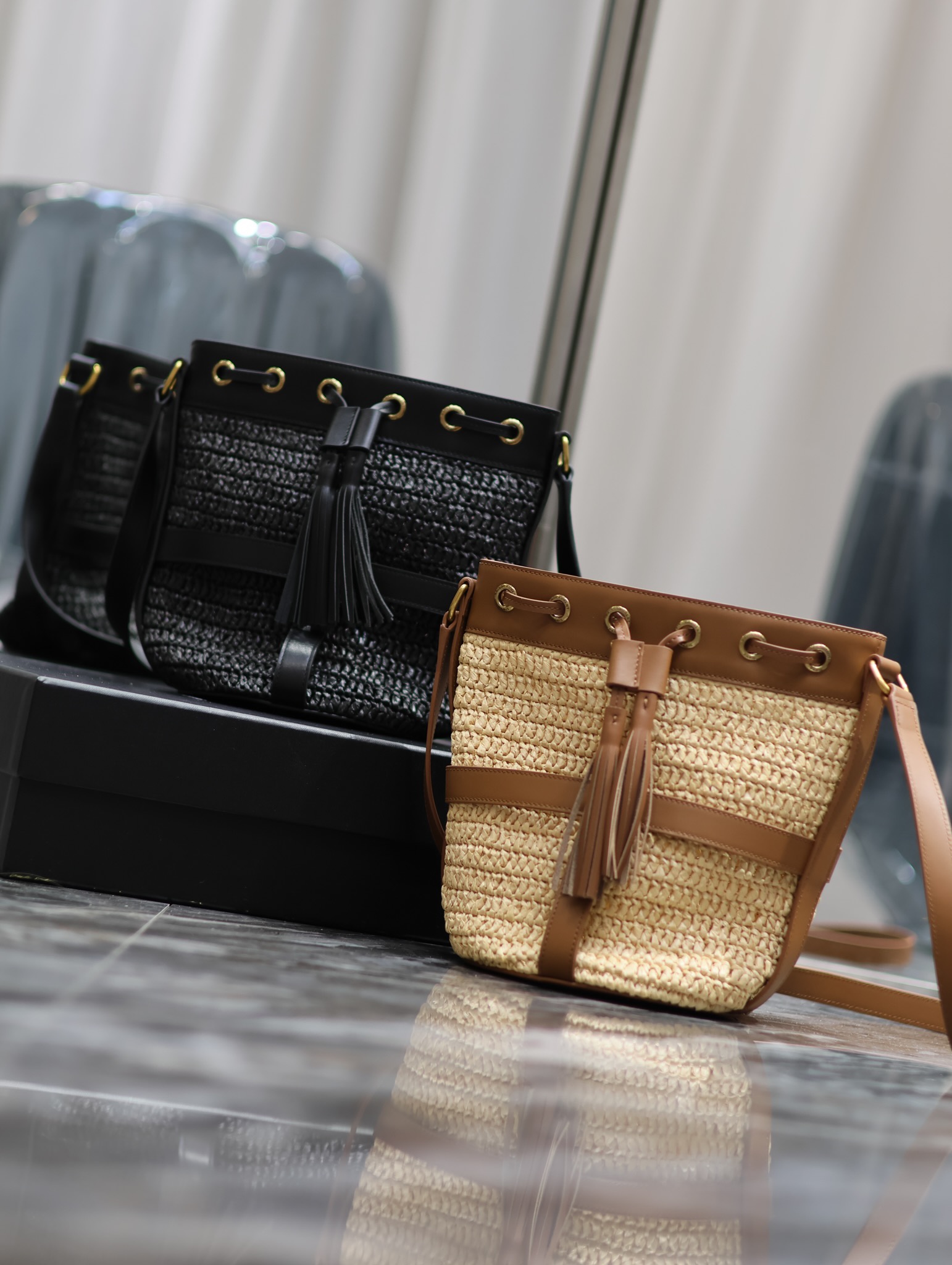 [TOP] Yves Saint Laurent YSL Lafite Grass Weaving Craft Bucket Bags 22×15×15cm - 2 Colour