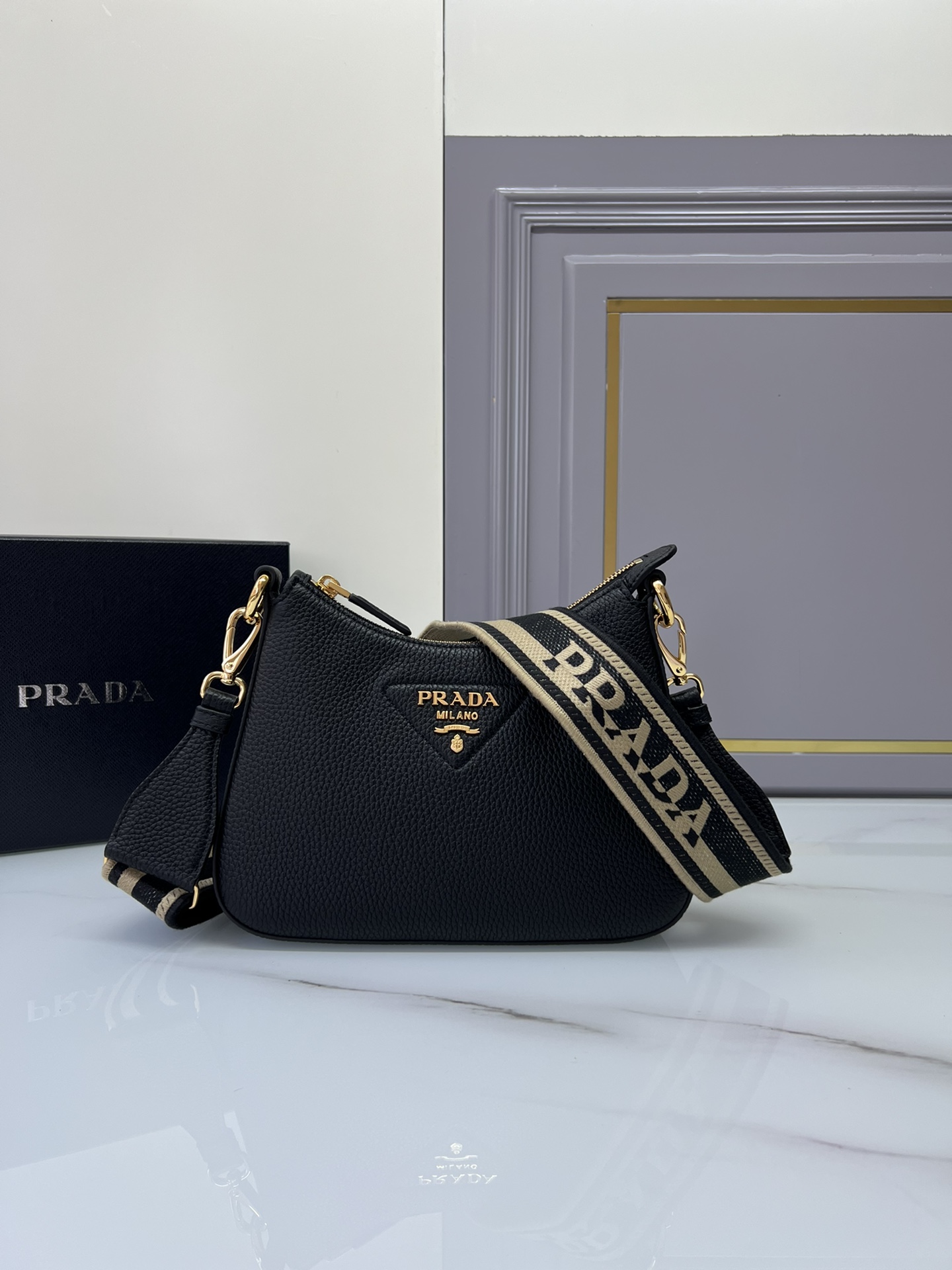[Top] PRADA Deer Skin Texture Calfskin Crossbody Bags 24x18x6cm/32x25.5x7.5cm - Black